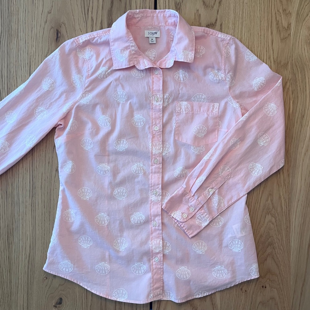 J.Crew Re-Imagined Pink Seashell Print Cotton Button Down Shirt Womens Medium